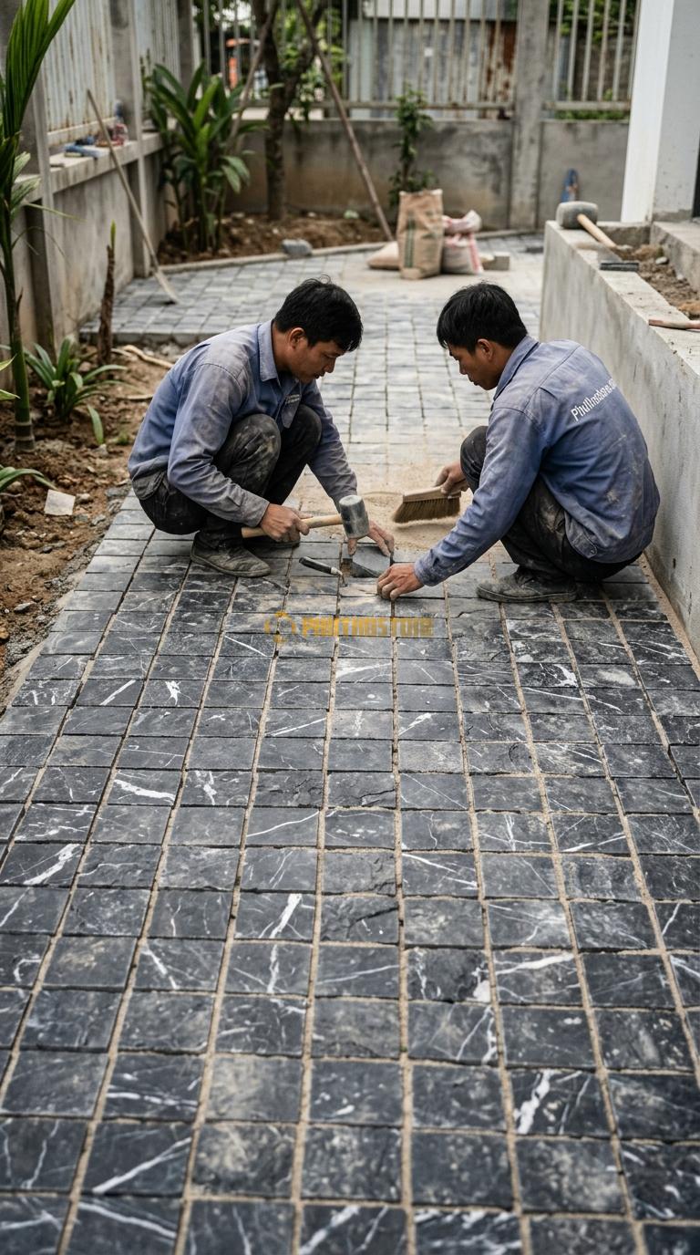 Đá Cubic Đen Chỉ Trắng Lát Sân Vuông Sân Vườn KT Viên 10x10x5cm