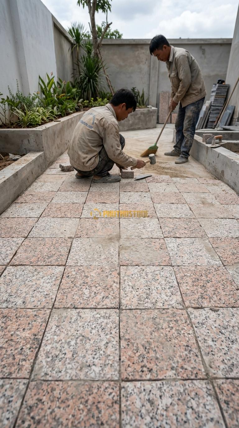 Đá Cubic Granite Hồng Lát Sân Kiểu Caro Sân Trước Nhà KT Viên 15X15X5cm
