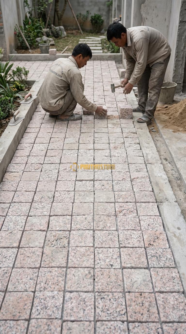 Đá Cubic Granite Hồng Lát Sân Kiểu Ghép Khối Sân Quán Cafe KT Viên 10x10x5cm