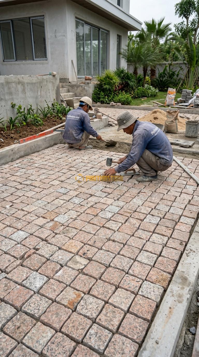 Đá Cubic Granite Hồng Lát Sân Kiểu Sole Sân Biệt Thự KT Viên 10x10x10cm