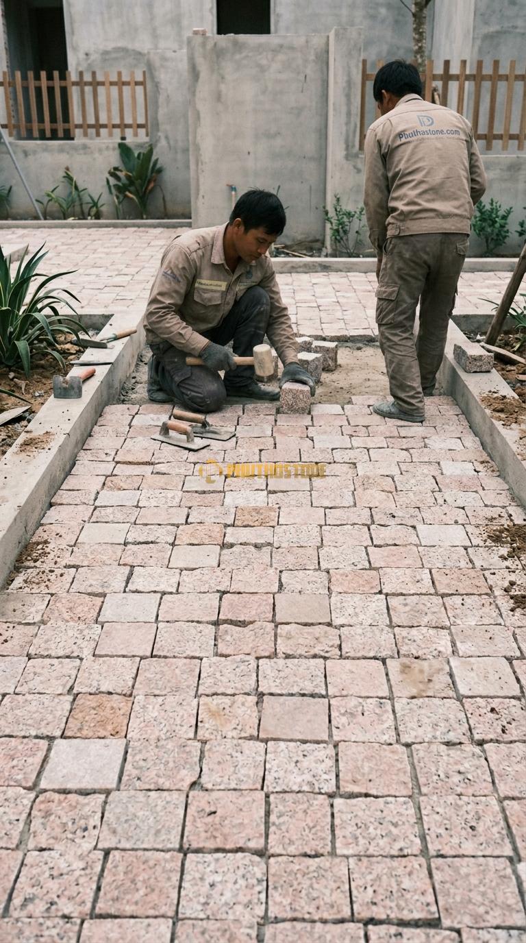 Đá Cubic Granite Hồng Lát Sân Kiểu Tự Do Sân Resort KT Viên 10x10x8cm