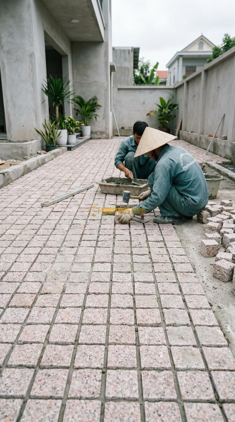 Đá Cubic Granite Hồng Lát Sân Kiểu Xếp Thẳng Sân Nhà Phố KT Viên 10x10x8cm