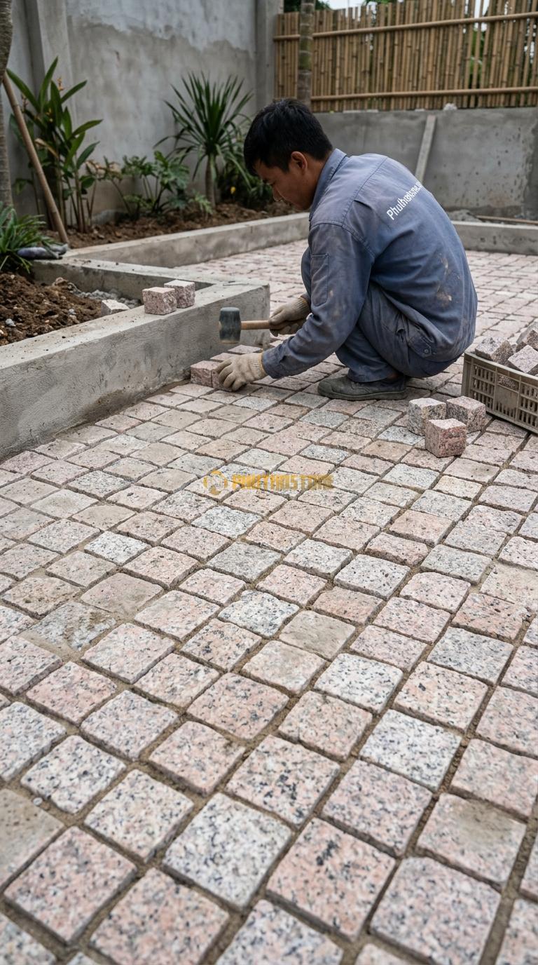 Đá Cubic Granite Hồng Lát Sân Vuông Sân Vườn KT Viên 10x10x5cm