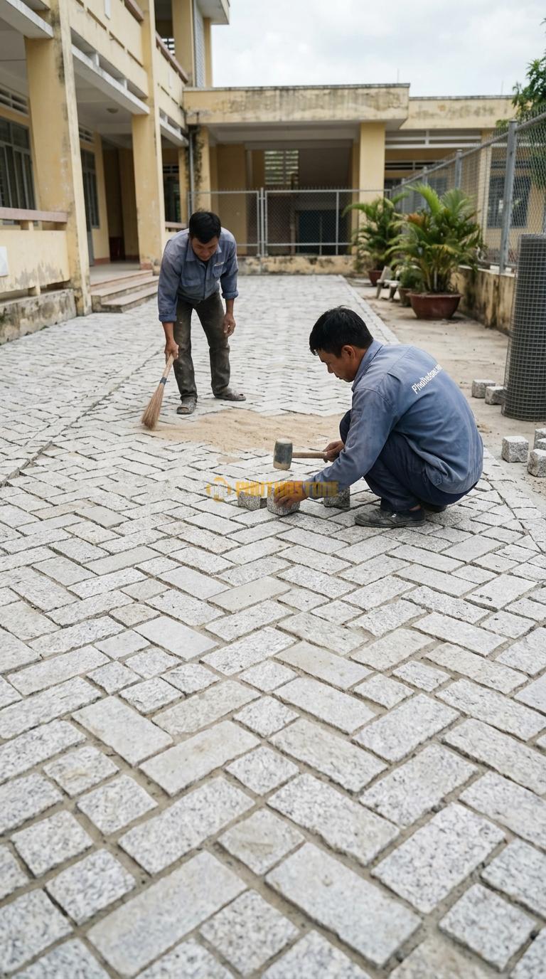 Đá Cubic Granite Trắng Muối Tiêu Lát Sân Kiểu Đan Chéo Sân Trường Học KT Viên 10x10x10cm