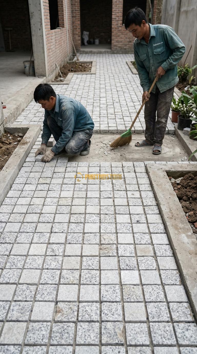 Đá Cubic Granite Trắng Muối Tiêu Lát Sân Kiểu Ghép Khối Sân Quán Cafe KT Viên 10x10x5cm