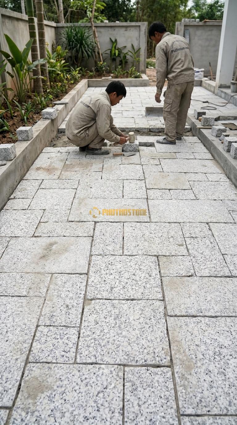 Đá Cubic Granite Trắng Muối Tiêu Lát Sân Kiểu Tự Do Sân Resort KT Viên 10x10x8cm