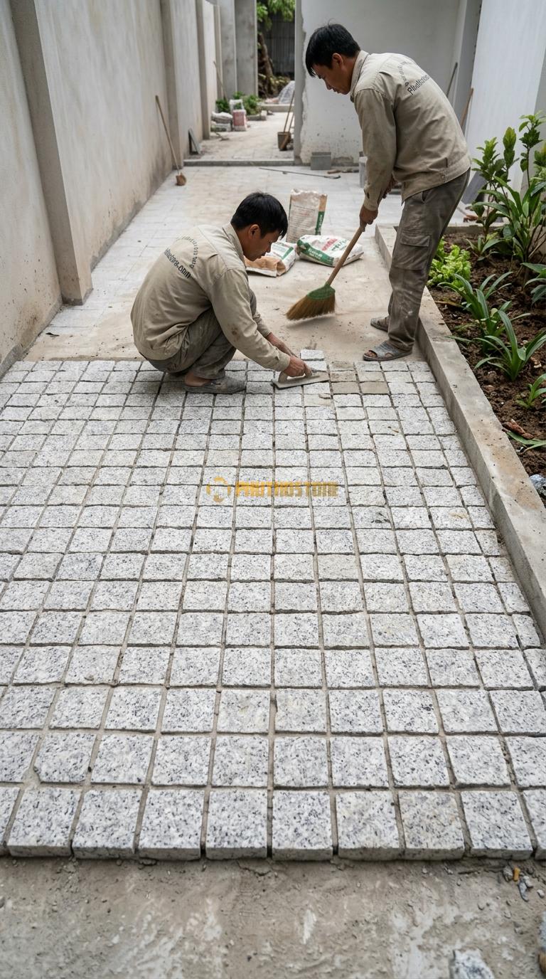 Đá Cubic Granite Trắng Muối Tiêu Lát Sân Kiểu Xếp Thẳng Sân Nhà Phố KT Viên 10x10x8cm
