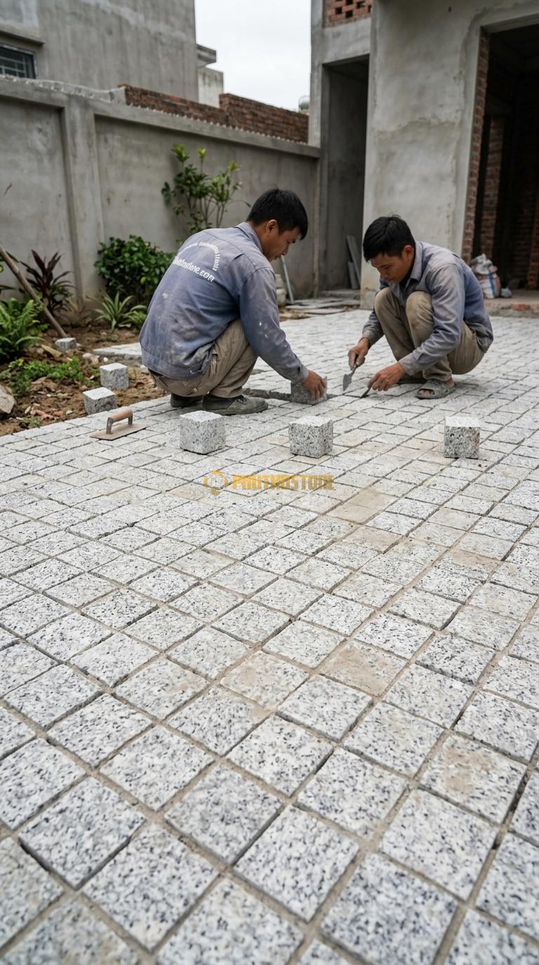 Đá Cubic Granite Trắng Muối Tiêu Lát Sân Vuông Sân Vườn KT Viên 10x10x5cm