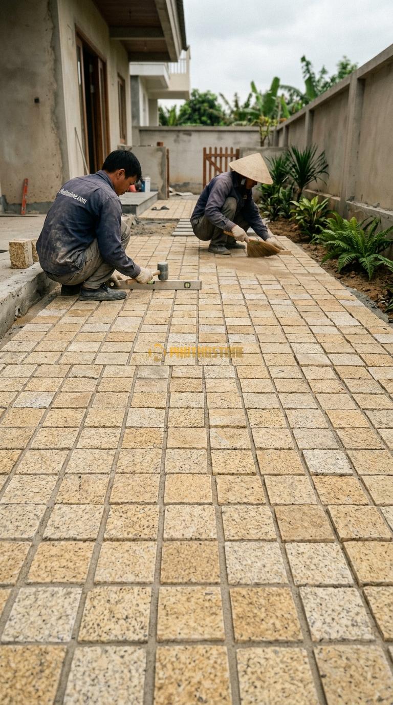 Đá Cubic Granite Vàng Lát Sân Kiểu Caro Sân Trước Nhà KT Viên 15X15X5cm