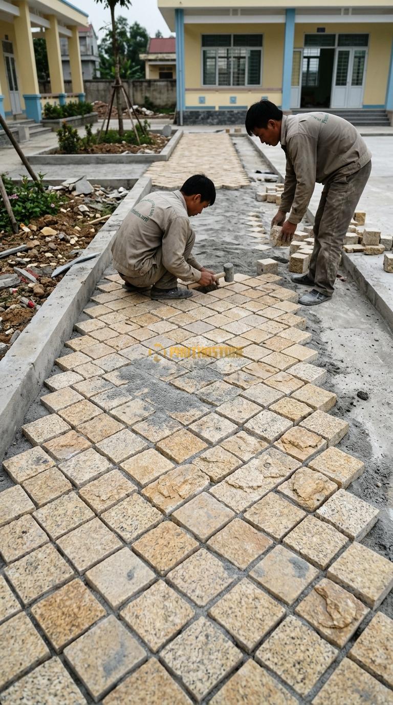 Đá Cubic Granite Vàng Lát Sân Kiểu Đan Chéo Sân Trường Học KT Viên 10x10x10cm