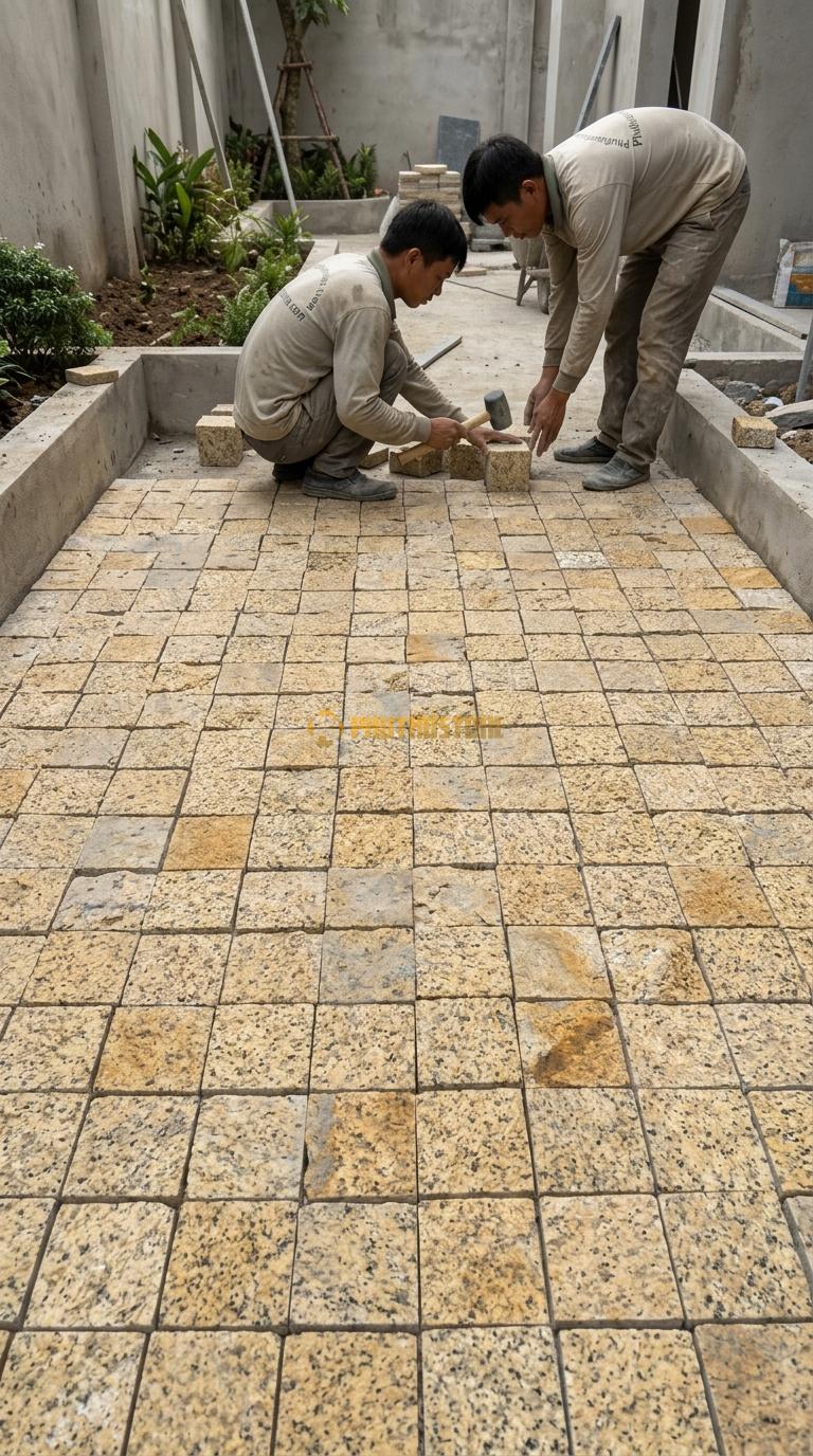 Đá Cubic Granite Vàng Lát Sân Kiểu Ghép Khối Sân Quán Cafe KT Viên 10x10x5cm