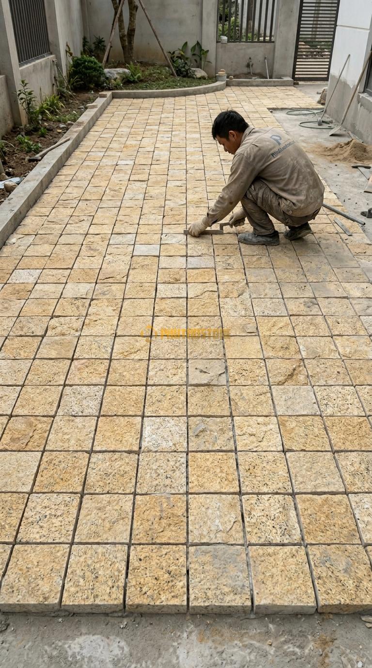 Đá Cubic Granite Vàng Lát Sân Kiểu Sole Sân Biệt Thự KT Viên 10x10x10cm