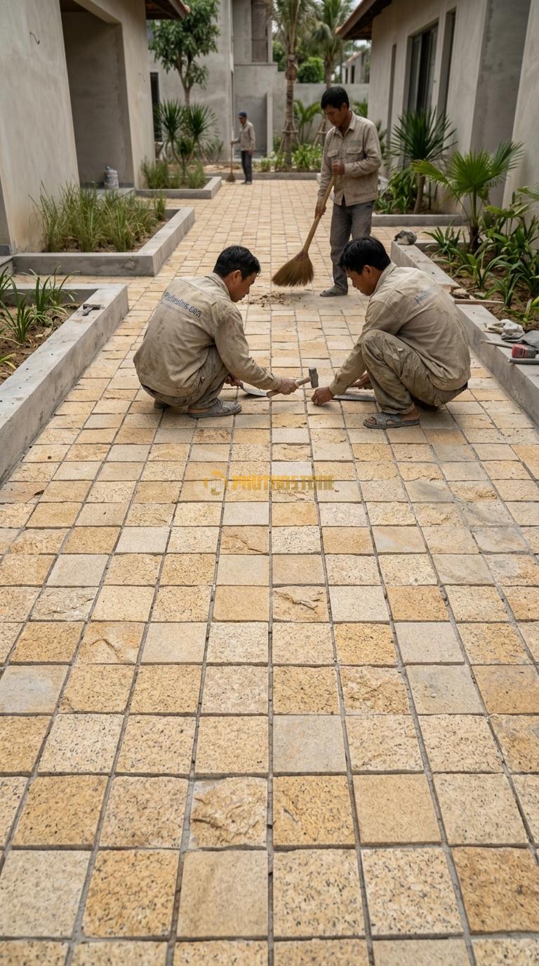 Đá Cubic Granite Vàng Lát Sân Kiểu Tự Do Sân Resort KT Viên 10x10x8cm