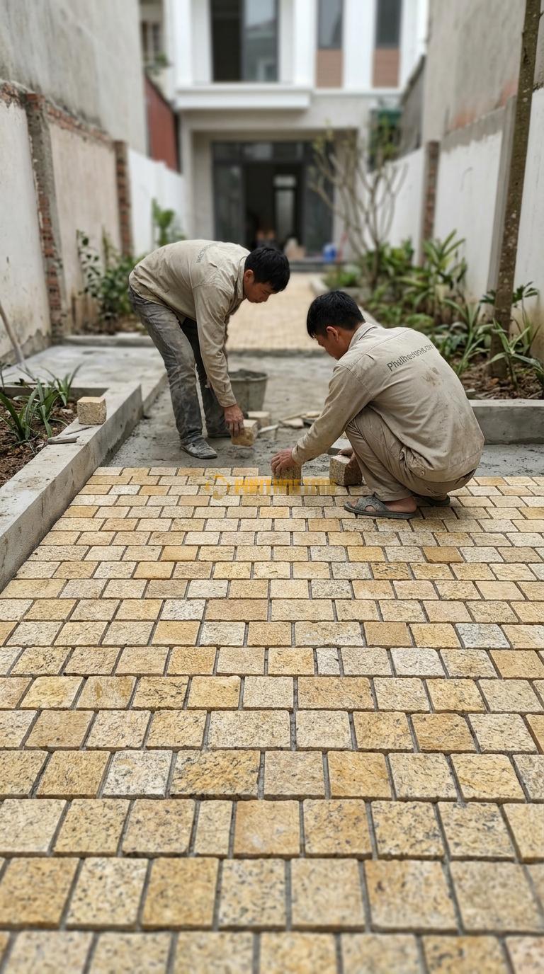 Đá Cubic Granite Vàng Lát Sân Kiểu Xếp Thẳng Sân Nhà Phố KT Viên 10x10x8cm