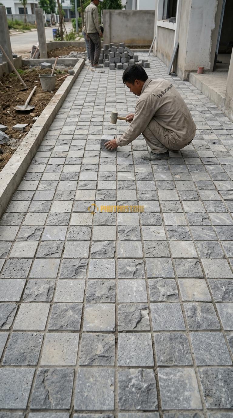 Đá Cubic Ong Xám Lát Sân Kiểu Caro Sân Trước Nhà KT Viên 15X15X5cm