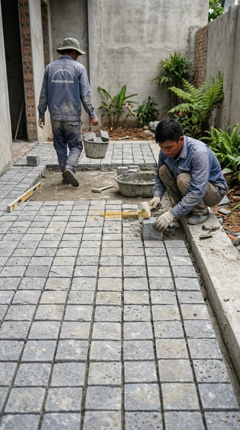 Đá Cubic Ong Xám Lát Sân Kiểu Xếp Thẳng Sân Nhà Phố KT Viên 10x10x8cm