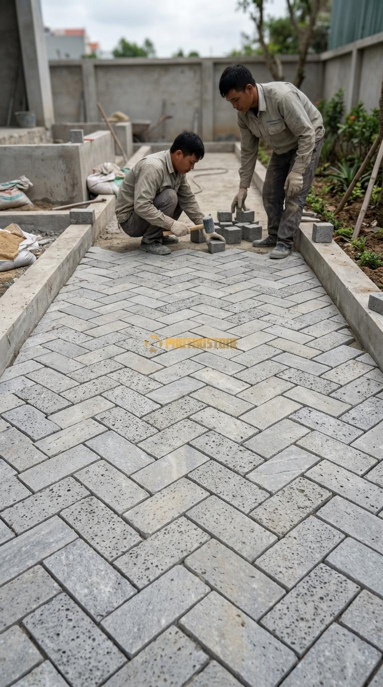 Đá Cubic Ong Xám Lát Sân Kiểu Xương Cá Lối Đi Sân Vườn KT Viên 10x10x20cm