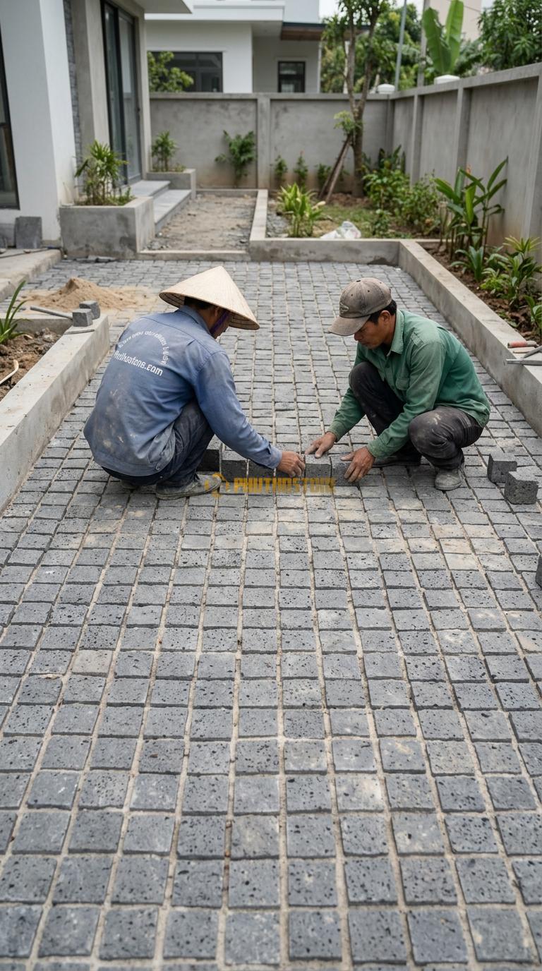 Đá Cubic Ong Xám Lát Sân Vuông Sân Vườn KT Viên 10x10x5cm