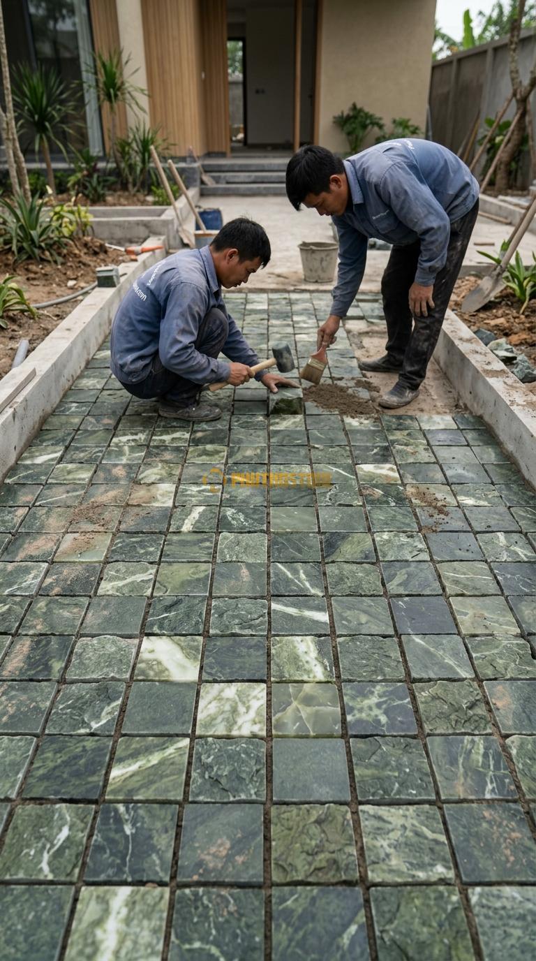 Đá Cubic Serpentine Lát Sân Kiểu Caro Sân Trước Nhà KT Viên 15X15X5cm