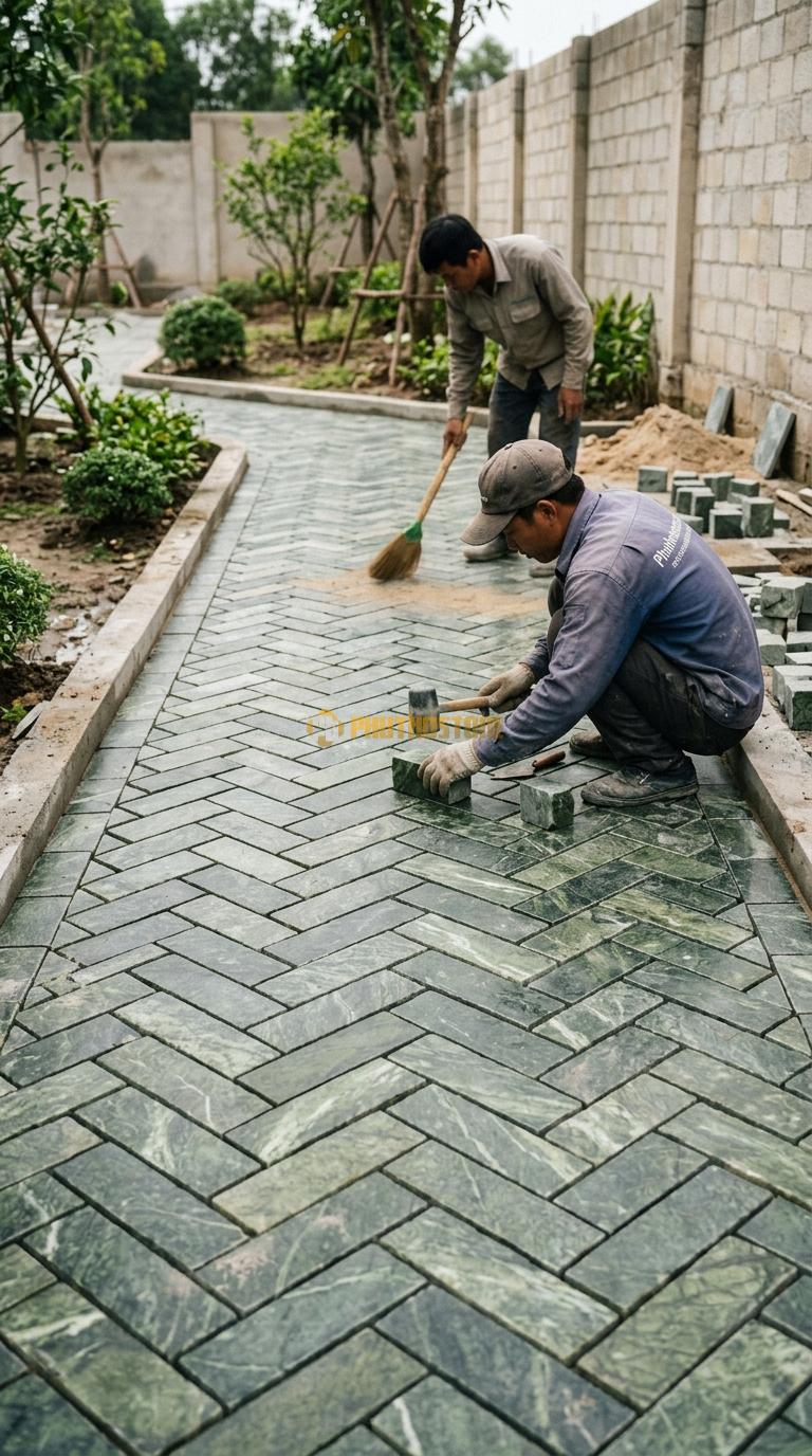 Đá Cubic Serpentine Lát Sân Kiểu Xương Cá Lối Đi Sân Vườn KT Viên 10x10x20cm