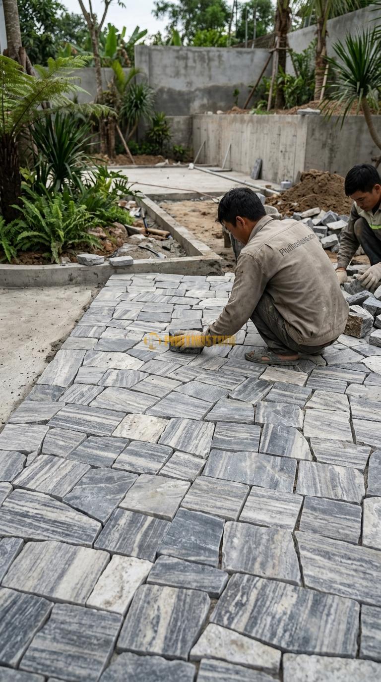 Đá Cubic Sọc Dưa Lát Sân Kiểu Tự Do Sân Resort KT Viên 10x10x8cm