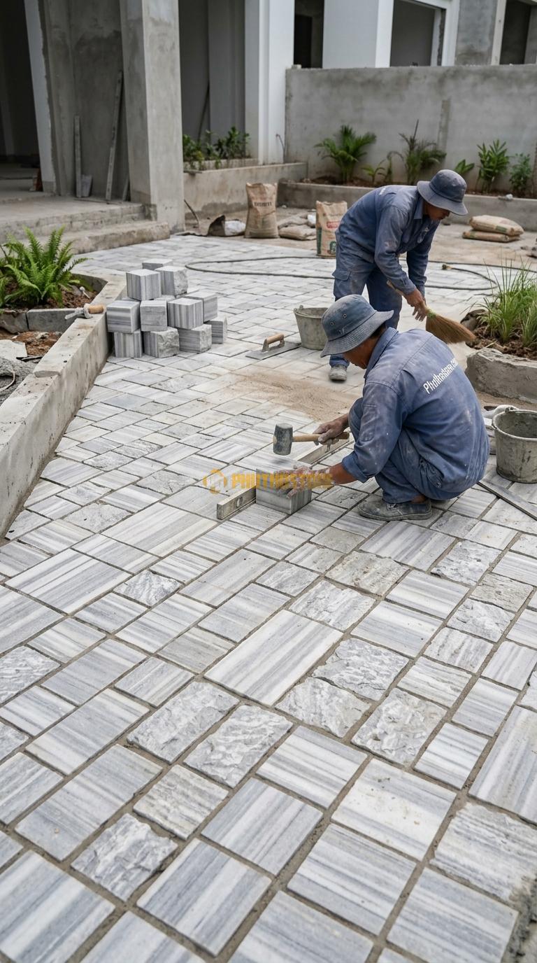 Đá Cubic Sọc Dưa Lát Sân Kiểu Xếp Thẳng Sân Nhà Phố KT Viên 10x10x8cm