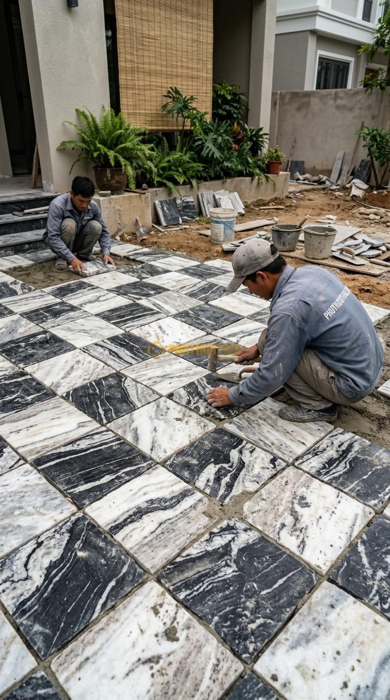 Đá Cubic Tuyết Sơn Lát Sân Kiểu Caro Sân Trước Nhà KT Viên 15X15X5cm