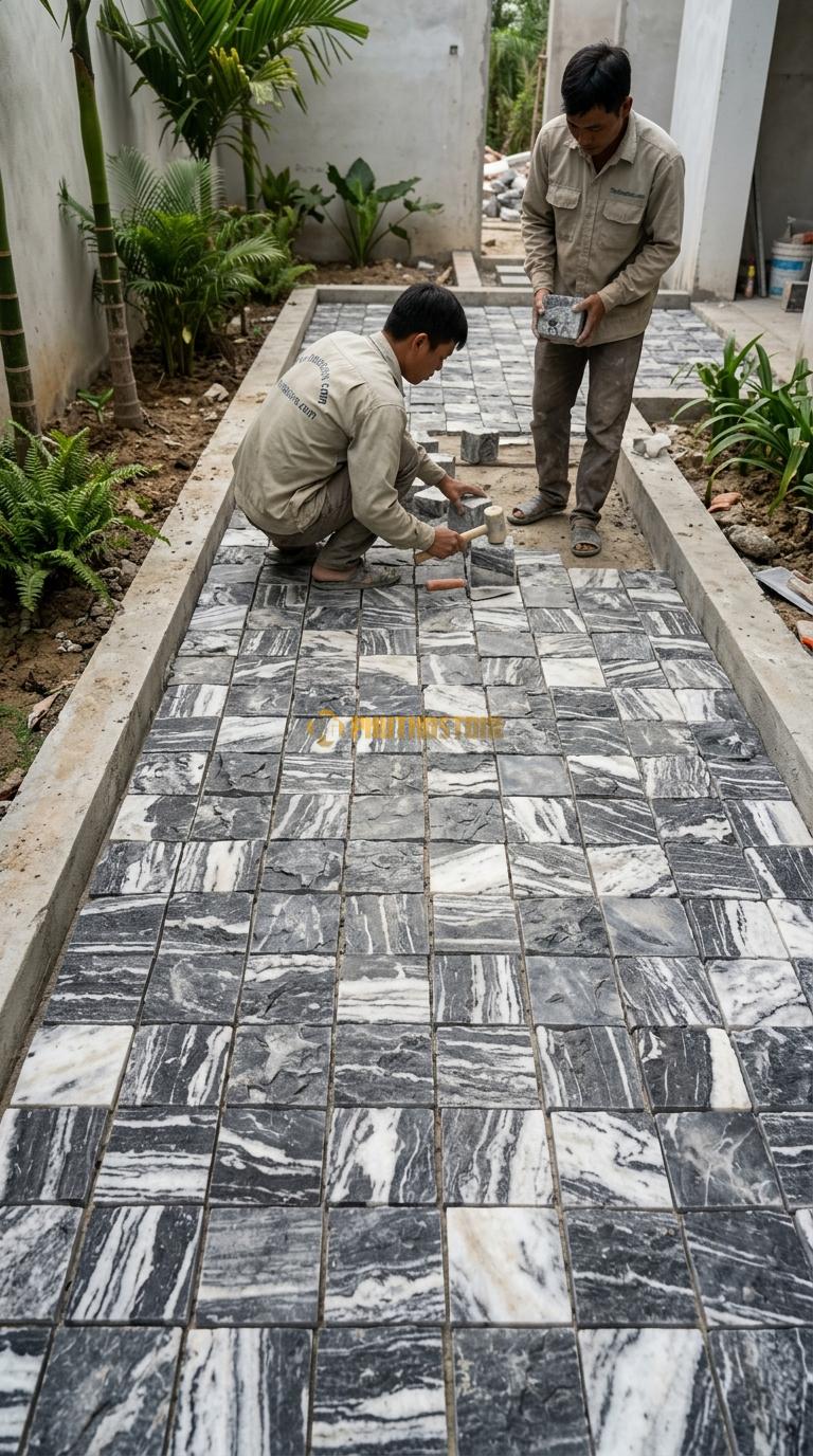 Đá Cubic Tuyết Sơn Lát Sân Kiểu Tự Do Sân Resort KT Viên 10x10x8cm