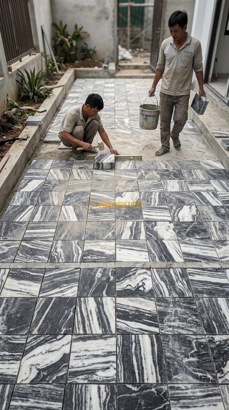 Đá Cubic Tuyết Sơn Lát Sân Kiểu Xếp Thẳng Sân Nhà Phố KT Viên 10x10x8cm