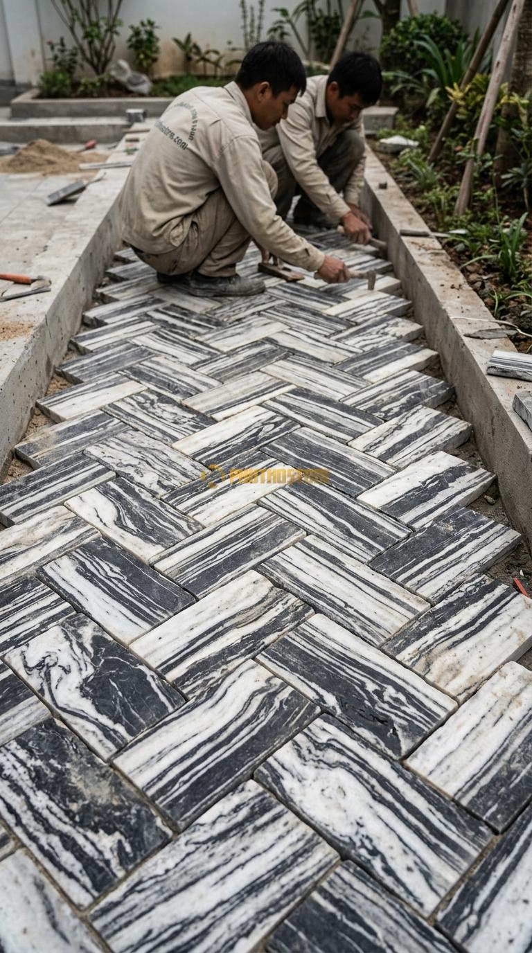 Đá Cubic Tuyết Sơn Lát Sân Kiểu Xương Cá Lối Đi Sân Vườn KT Viên 10x10x20cm