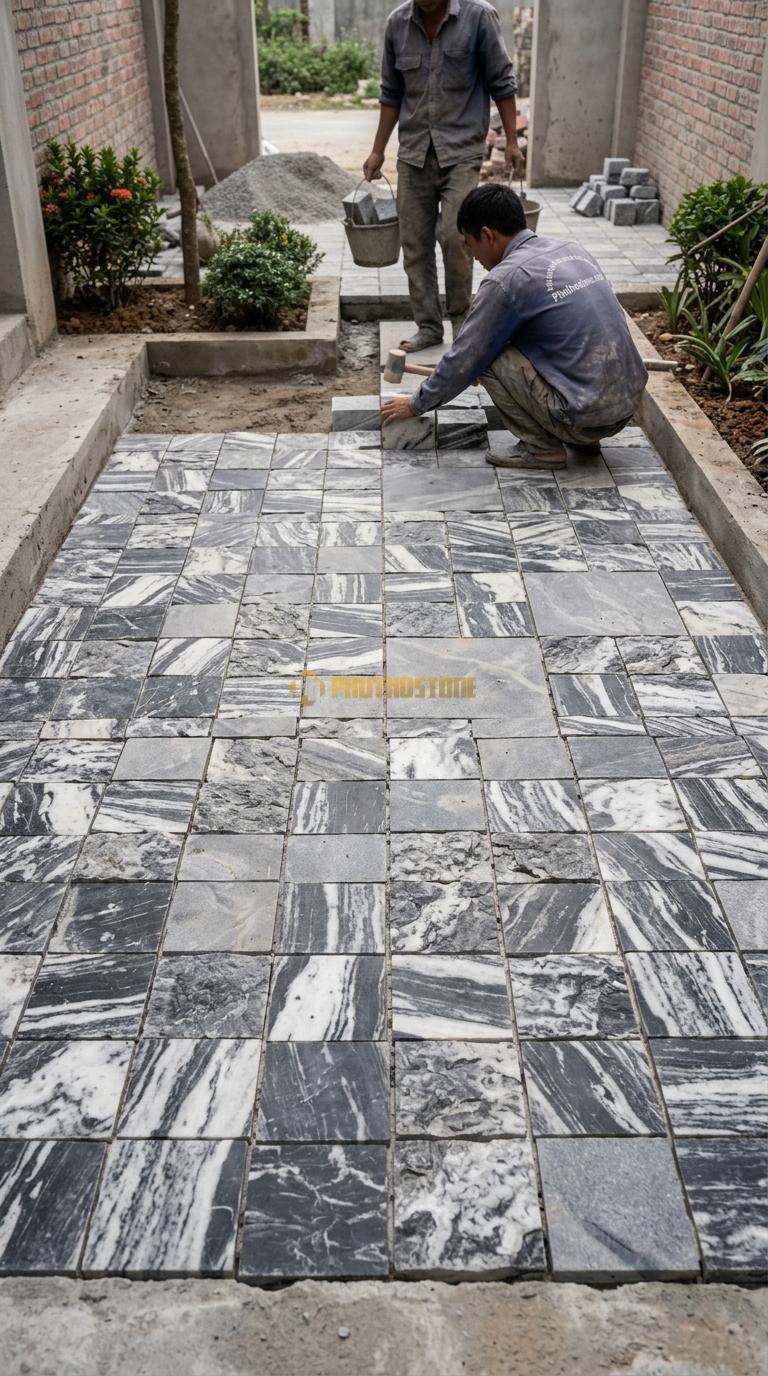 Đá Cubic Tuyết Sơn Lát Sân Vuông Sân Vườn KT Viên 10x10x5cm