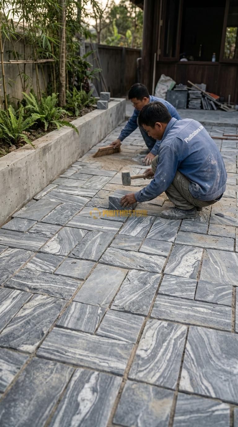 Đá Cubic Vân Mây Lát Sân Kiểu Ghép Khối Sân Quán Cafe KT Viên 10x10x5cm