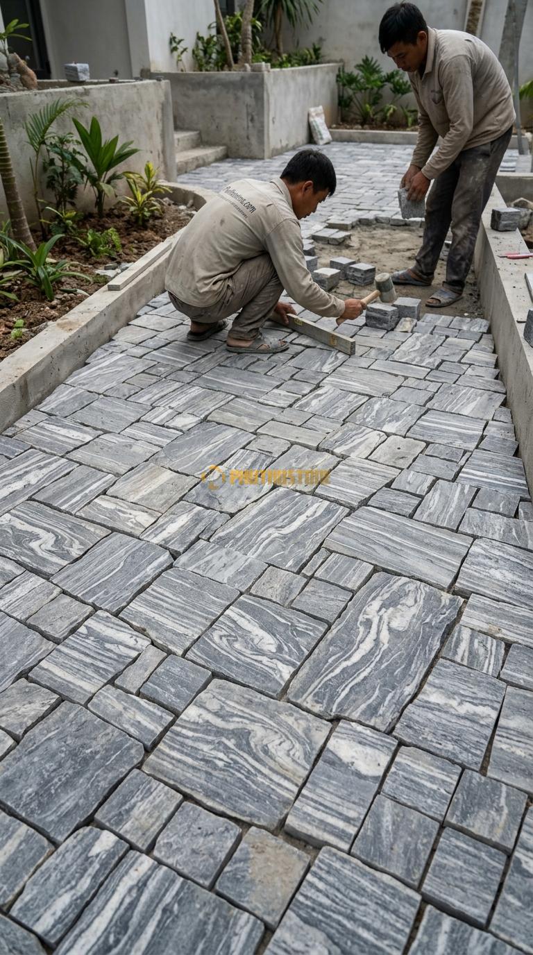 Đá Cubic Vân Mây Lát Sân Kiểu Tự Do Sân Resort KT Viên 10x10x8cm