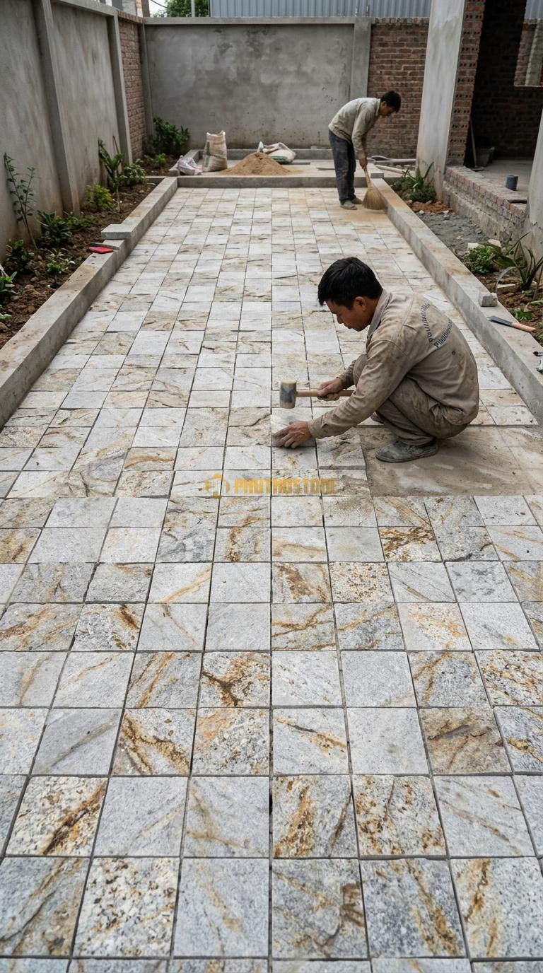 Đá Cubic Vàng Kim Tuyến Lát Sân Kiểu Caro Sân Trước Nhà KT Viên 15X15X5cm