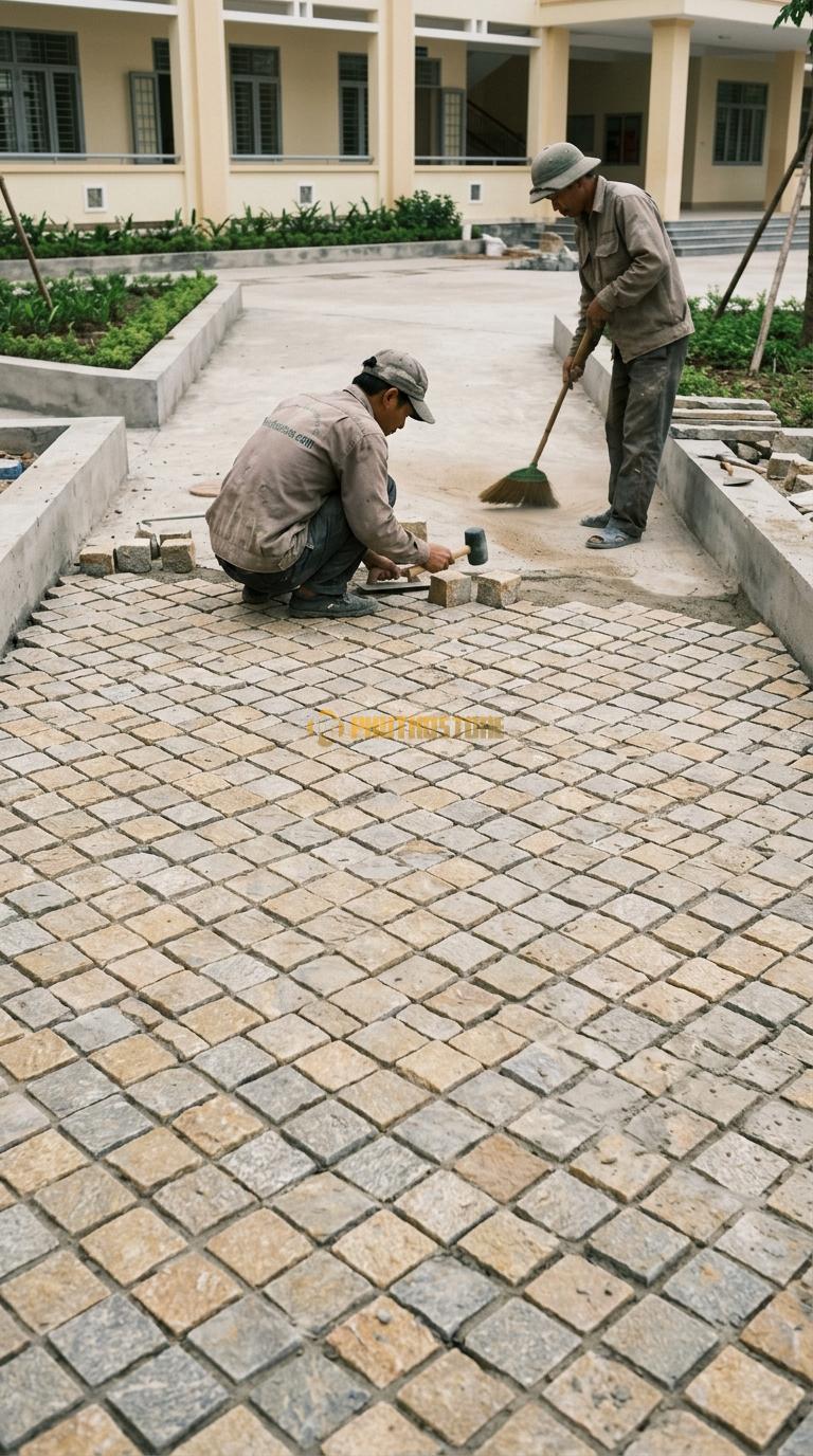 Đá Cubic Vàng Kim Tuyến Lát Sân Kiểu Đan Chéo Sân Trường Học KT Viên 10x10x10cm
