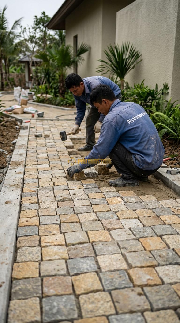 Đá Cubic Vàng Kim Tuyến Lát Sân Kiểu Tự Do Sân Resort KT Viên 10x10x8cm