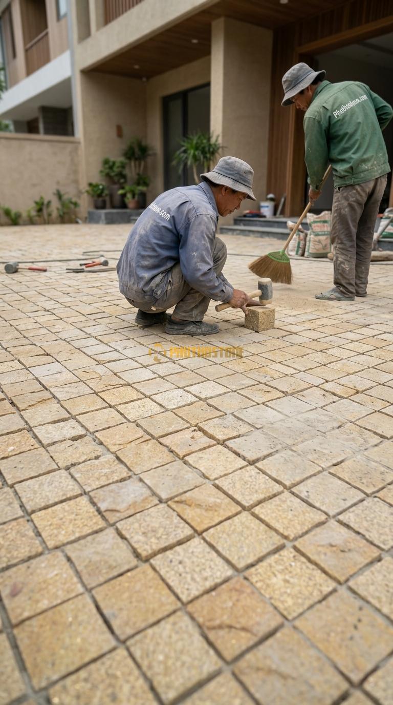 Đá Cubic Vàng Kim Tuyến Lát Sân Kiểu Xếp Thẳng Sân Nhà Phố KT Viên 10x10x8cm