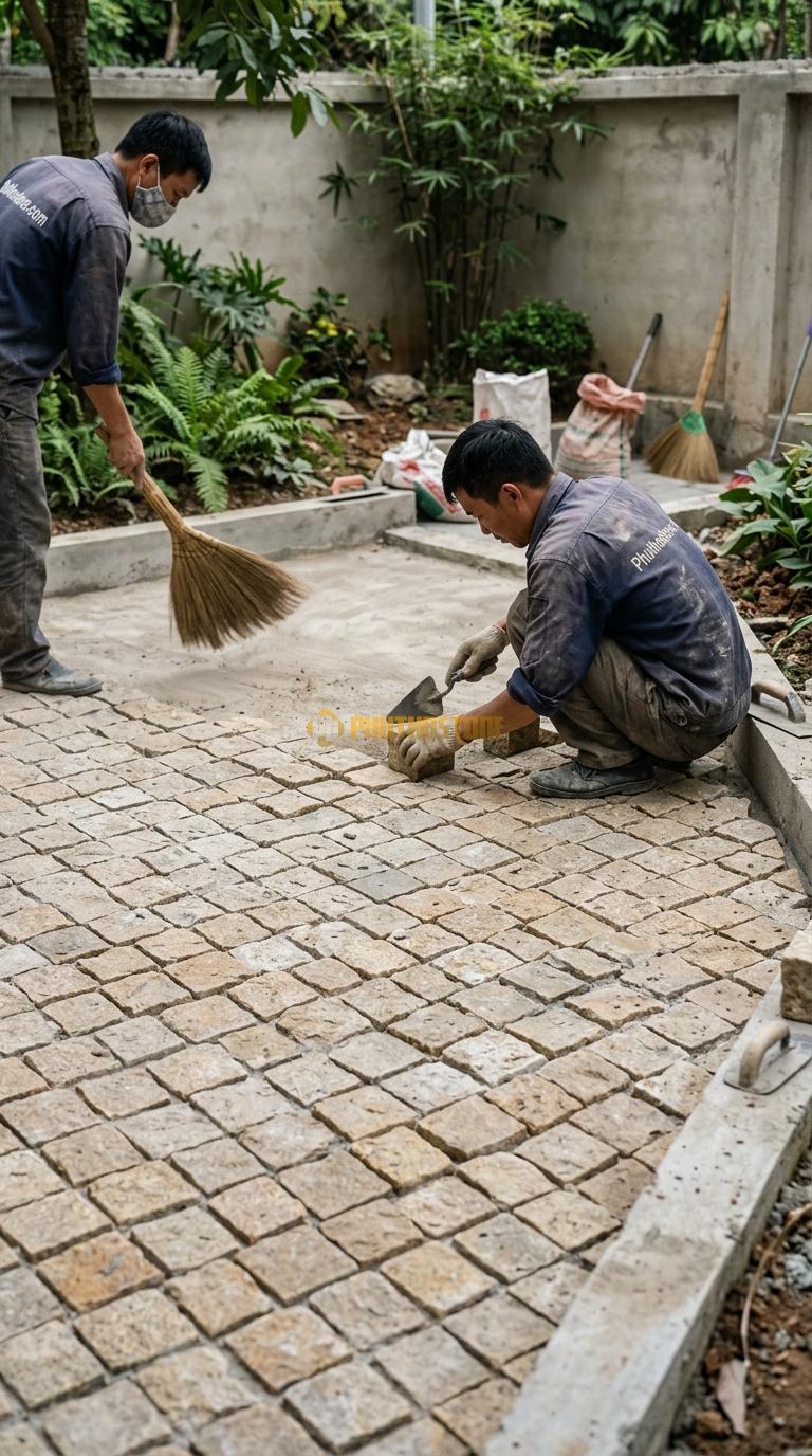 Đá Cubic Vàng Kim Tuyến Lát Sân Vuông Sân Vườn KT Viên 10x10x5cm