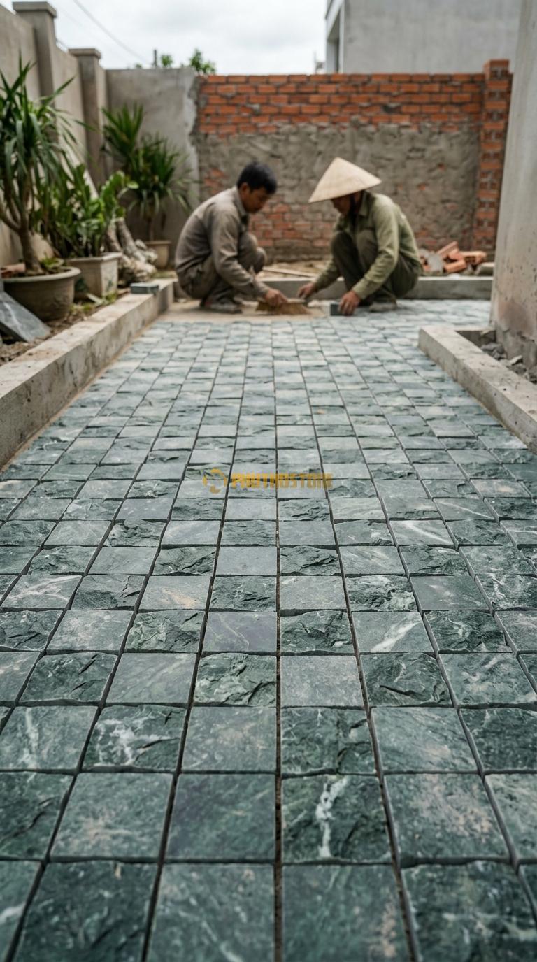 Đá Cubic Xanh Ấn Lát Sân Kiểu Caro Sân Trước Nhà KT Viên 15X15X5cm