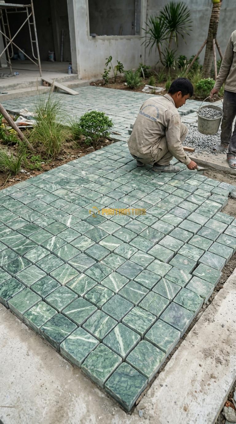 Đá Cubic Xanh Ấn Lát Sân Kiểu Ghép Khối Sân Quán Cafe KT Viên 10x10x5cm