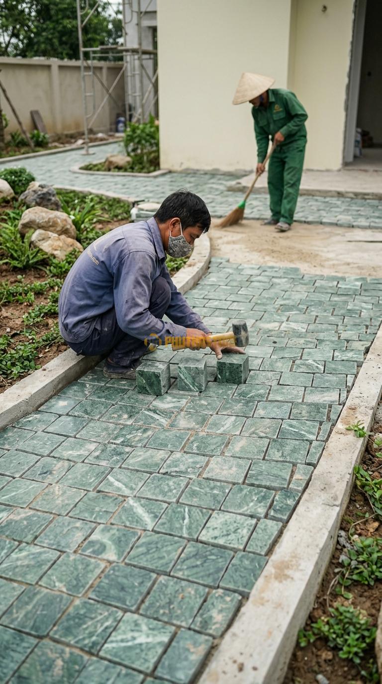Đá Cubic Xanh Ấn Lát Sân Kiểu Sole Sân Biệt Thự KT Viên 10x10x10cm