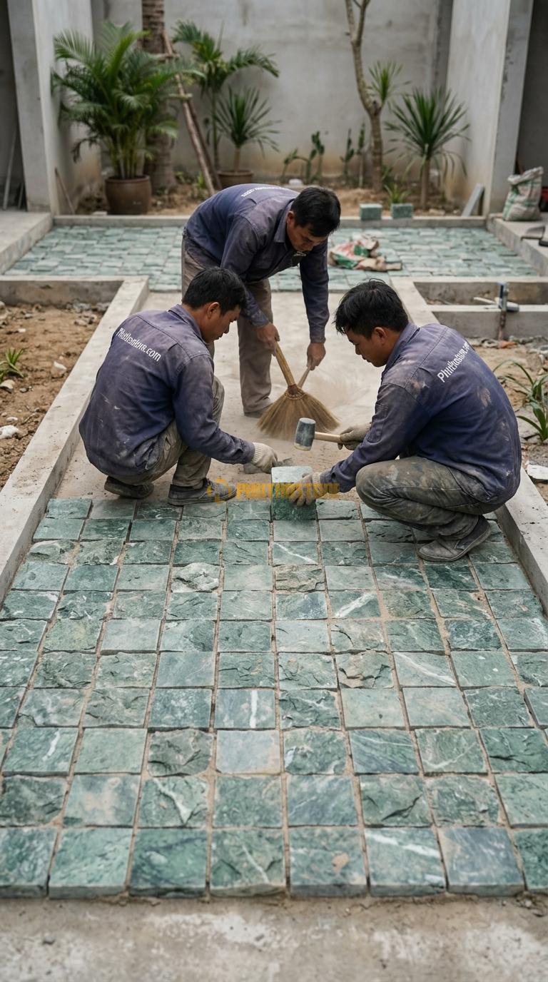 Đá Cubic Xanh Ấn Lát Sân Kiểu Tự Do Sân Resort KT Viên 10x10x8cm