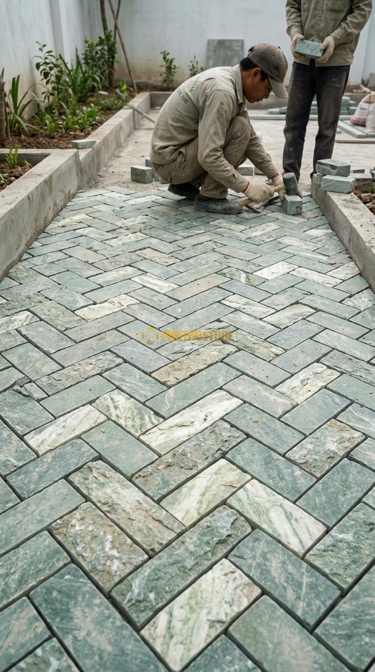 Đá Cubic Xanh Ấn Lát Sân Kiểu Xương Cá Lối Đi Sân Vườn KT Viên 10x10x20cm