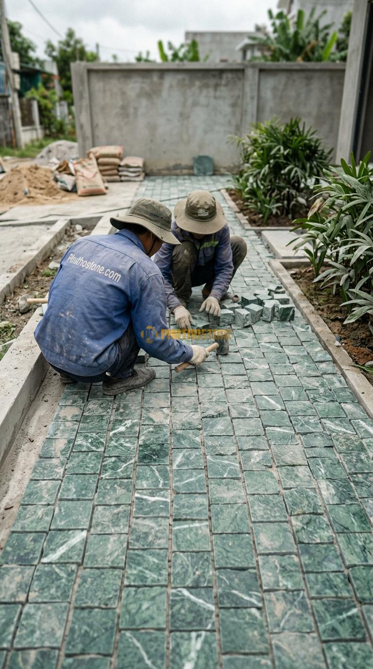 Đá Cubic Xanh Ấn Lát Sân Vuông Sân Vườn KT Viên 10x10x5cm