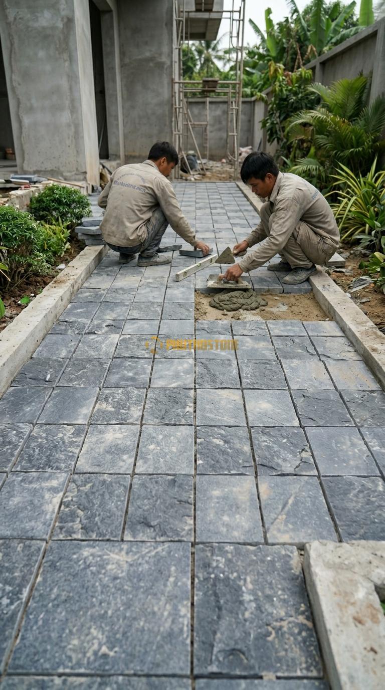 Đá Cubic Xanh Đen Lát Sân Kiểu Caro Sân Trước Nhà KT Viên 15X15X5cm