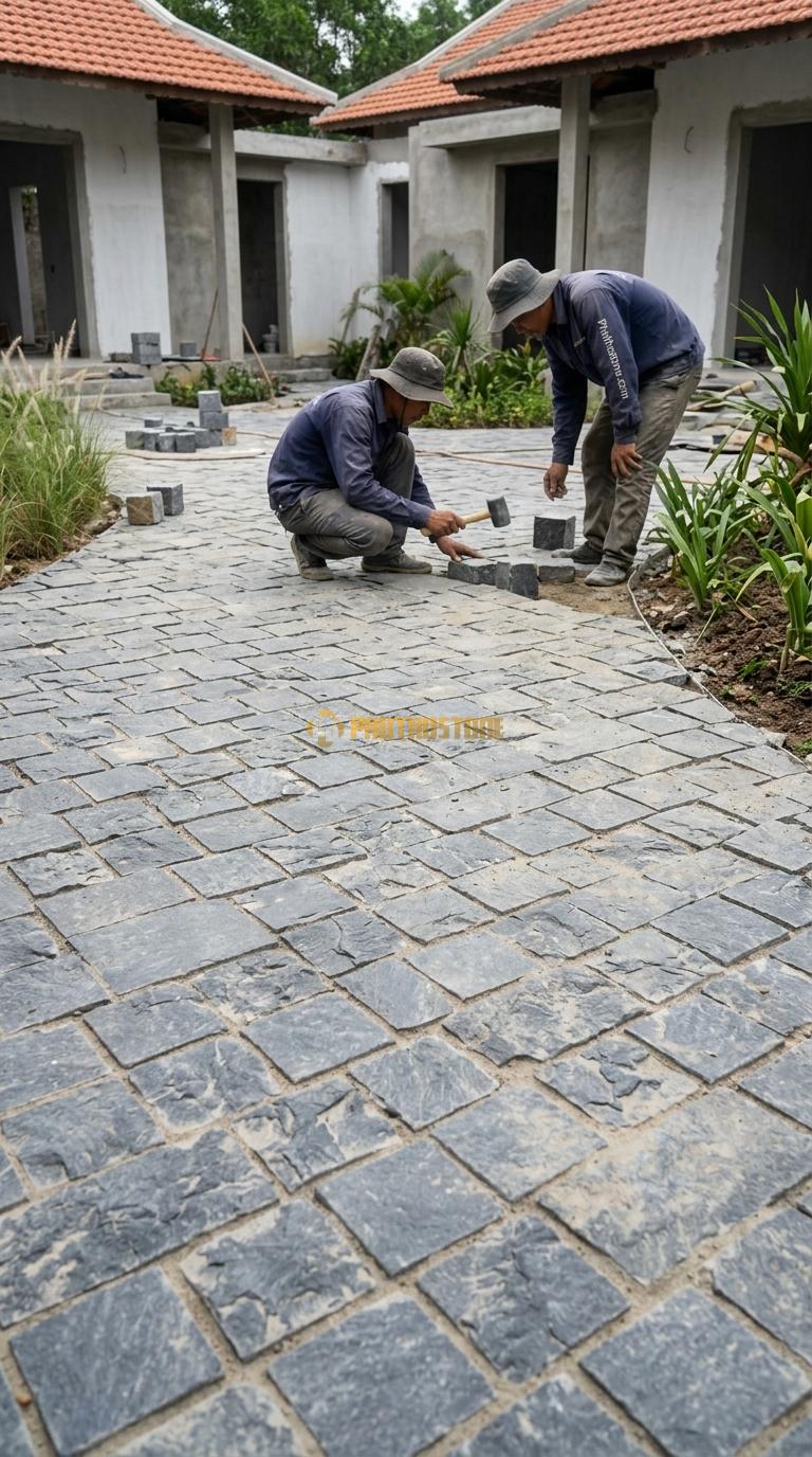 Đá Cubic Xanh Đen Lát Sân Kiểu Tự Do Sân Resort KT Viên 10x10x8cm