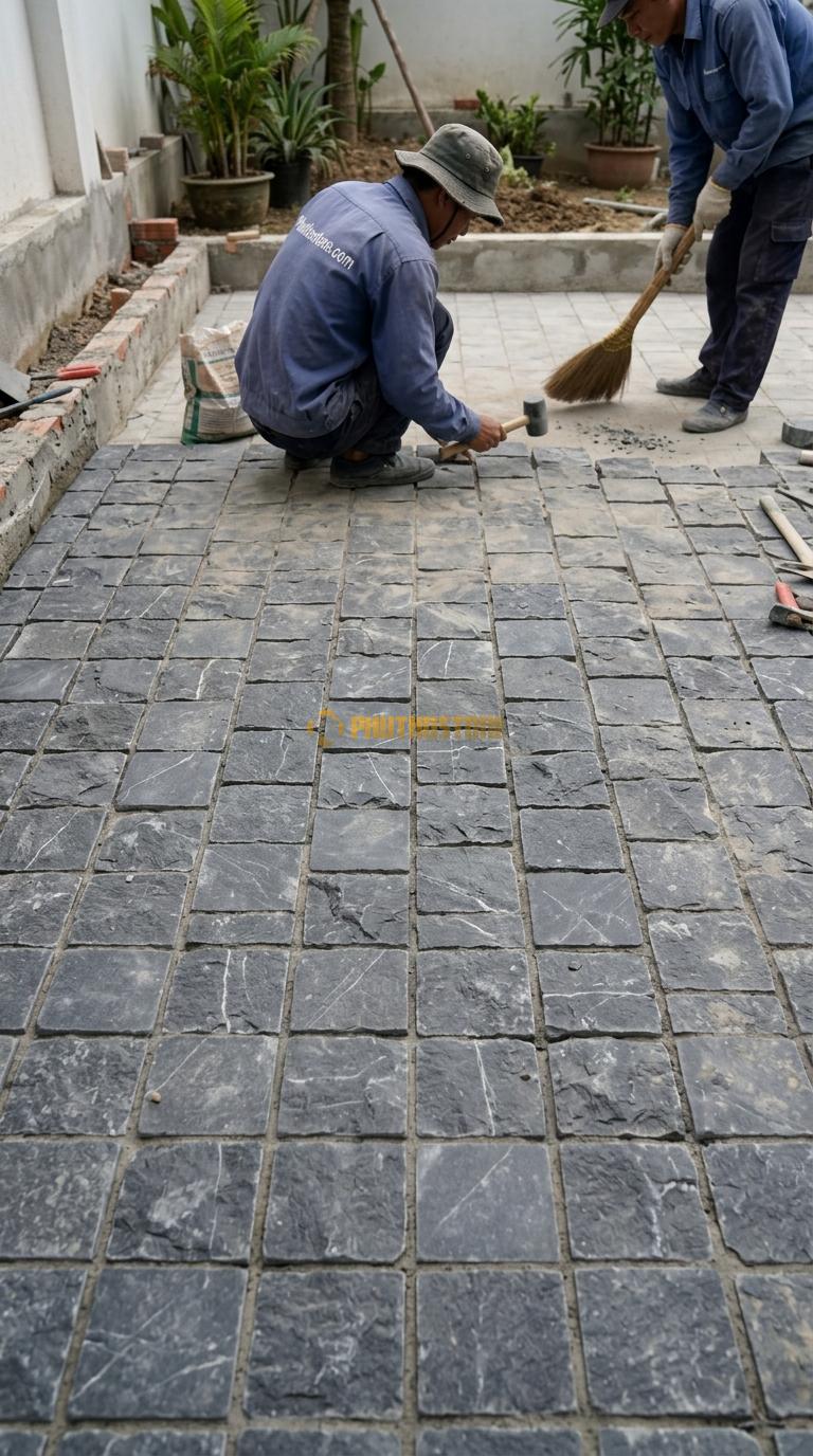 Đá Cubic Xanh Đen Lát Sân Kiểu Xếp Thẳng Sân Nhà Phố KT Viên 10x10x8cm