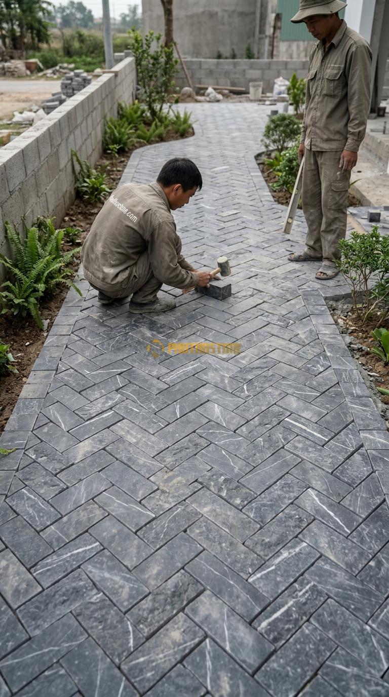 Đá Cubic Xanh Đen Lát Sân Kiểu Xương Cá Lối Đi Sân Vườn KT Viên 10x10x20cm