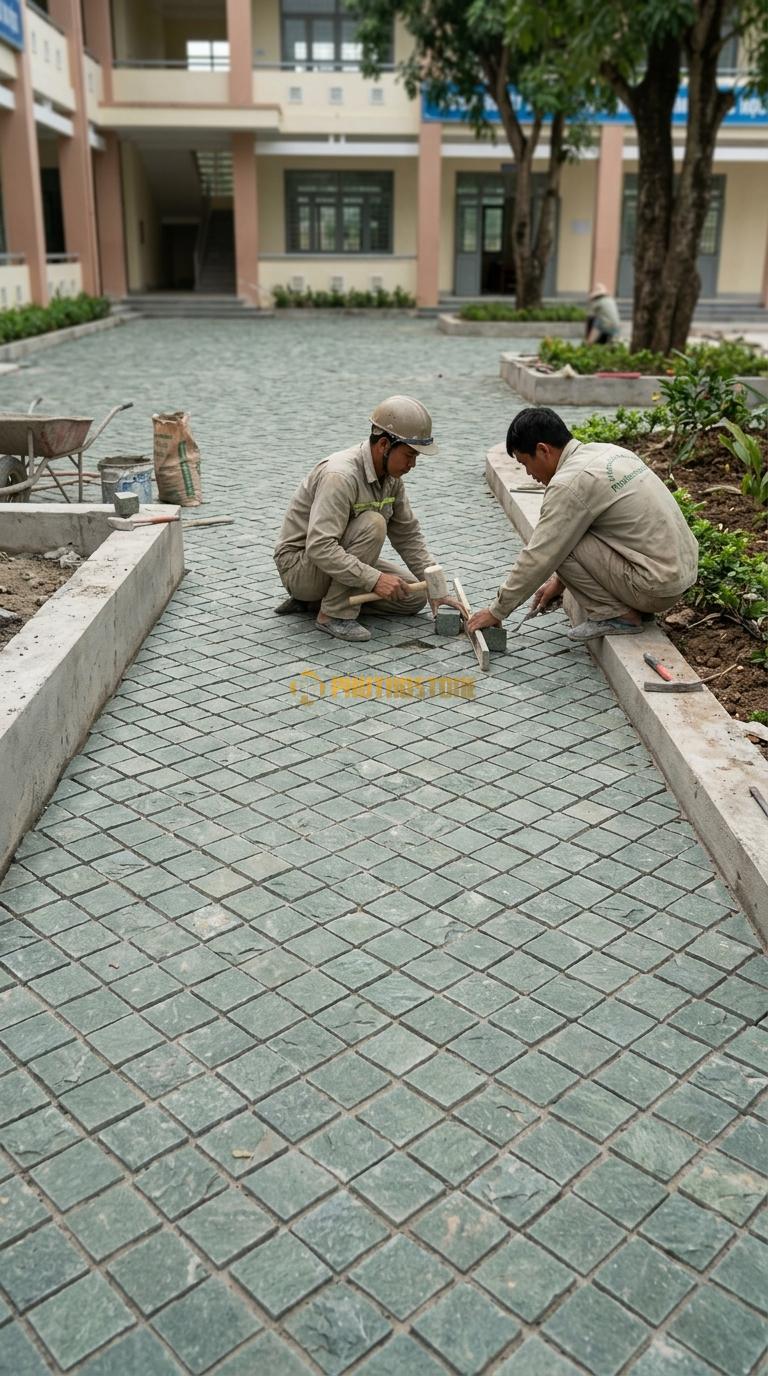 Đá Cubic Xanh Rêu Lát Sân Kiểu Đan Chéo Sân Trường Học KT Viên 10x10x10cm
