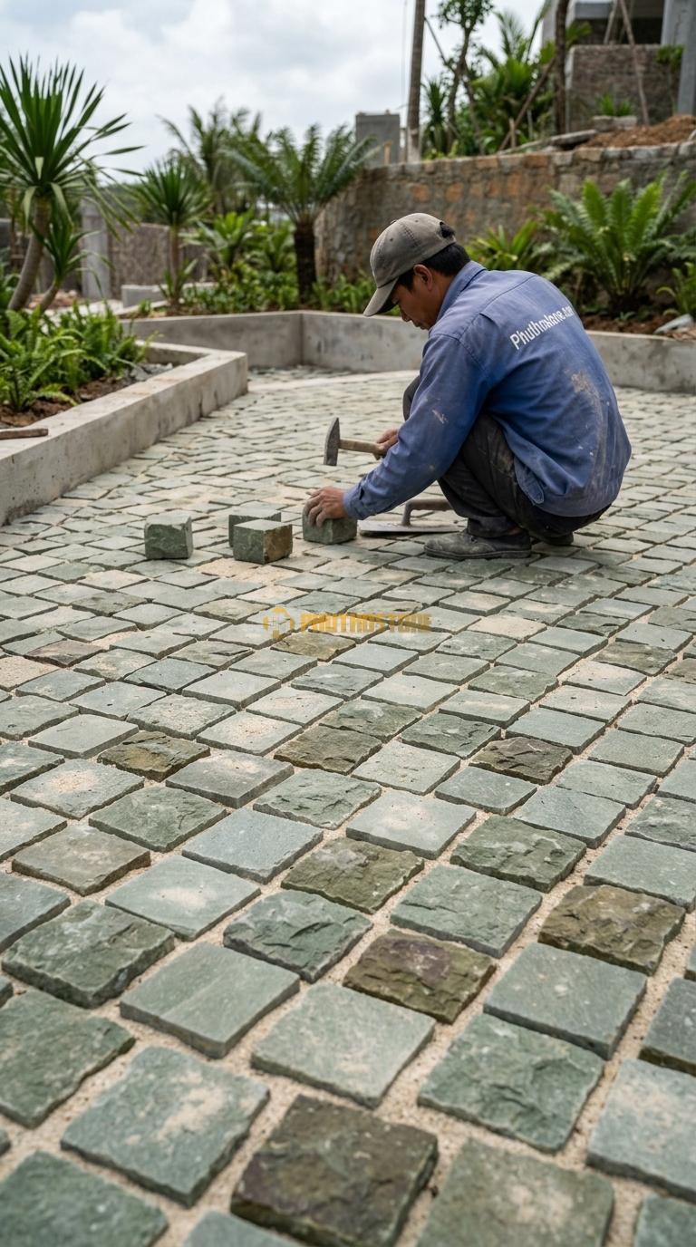 Đá Cubic Xanh Rêu Lát Sân Kiểu Tự Do Sân Resort KT Viên 10x10x8cm